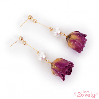 【旧POFY】丸ごと薔薇とコットンパールのピアス